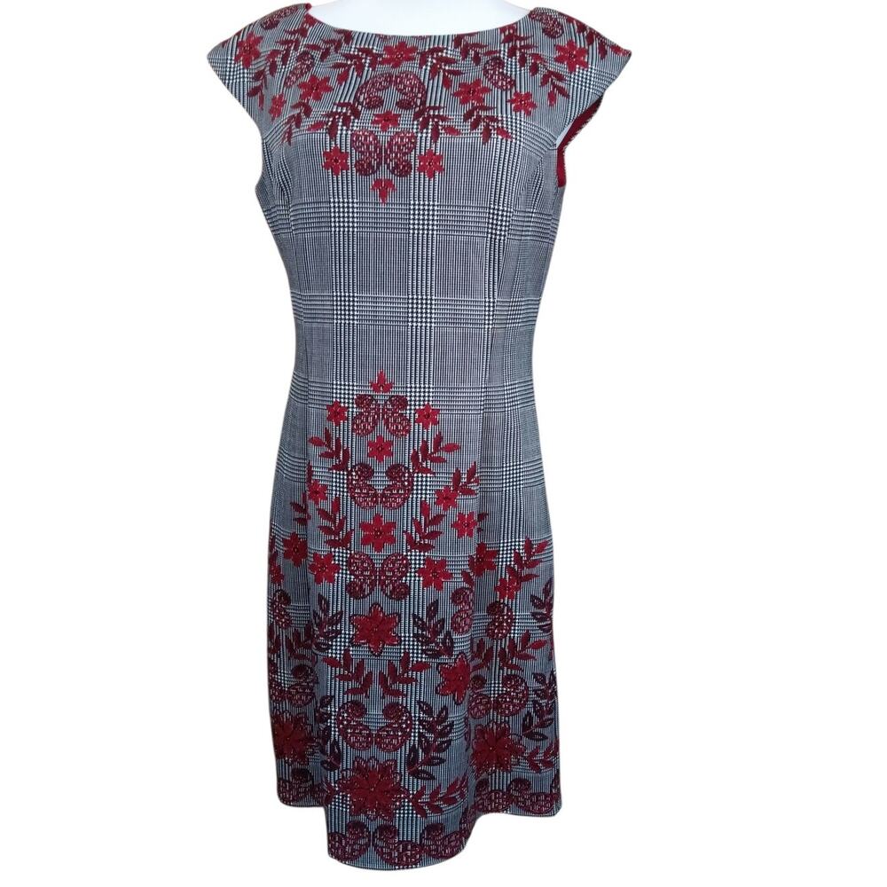 LONDON STYLE Artsy Houndstooth Floral Dress 12 Foliage‎ Butterfly Classic Career